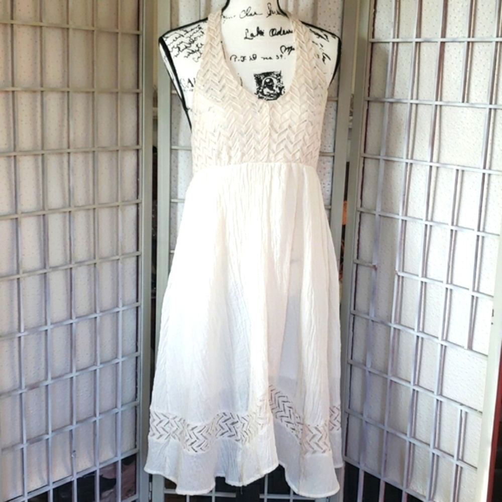 Flaying tomato halter cream cotton and lace dress M